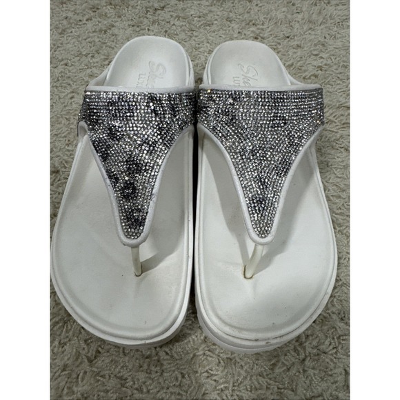 Skechers Luxe Foam Thong Sandals Size 9 Silver Black Sparkle Slides Wedge Bling - Picture 1 of 11